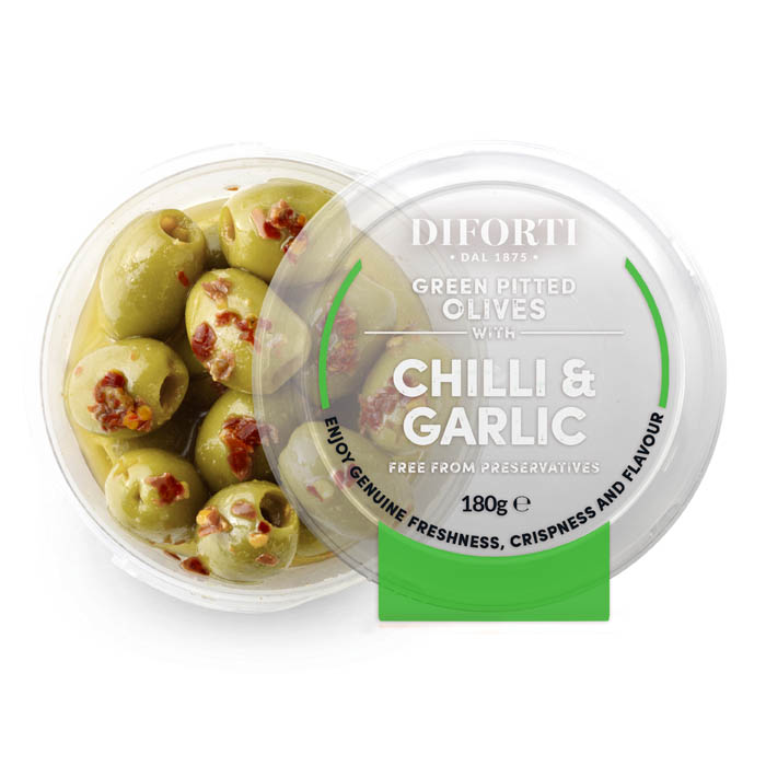 Chilli And Garlic Green Pitted Olives 180gr